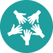 Circle icon of five hands in a circle in white, teal colour backgrund