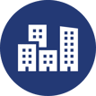 Circle icon of four high rise buildings in white, background in dark blue