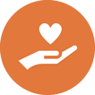 Circle icon of hand holding heart in white, orange background