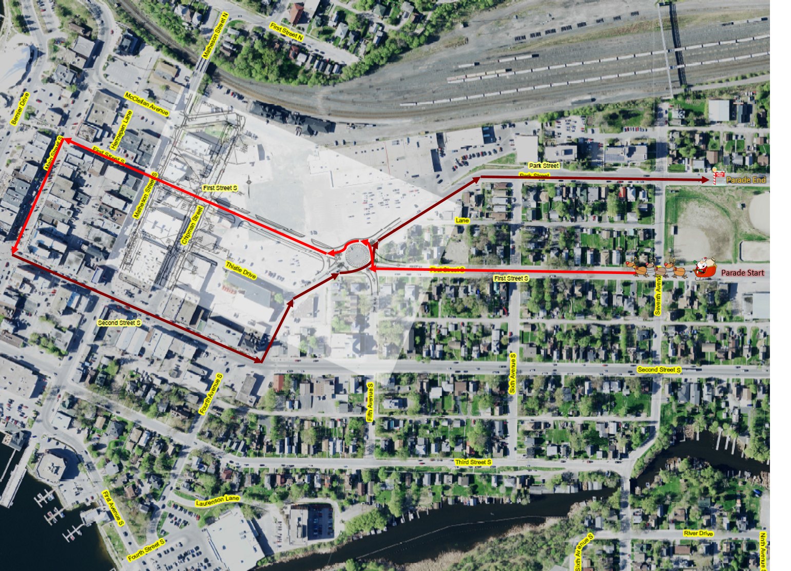 aerial view of Santa Claus parade route through downtown